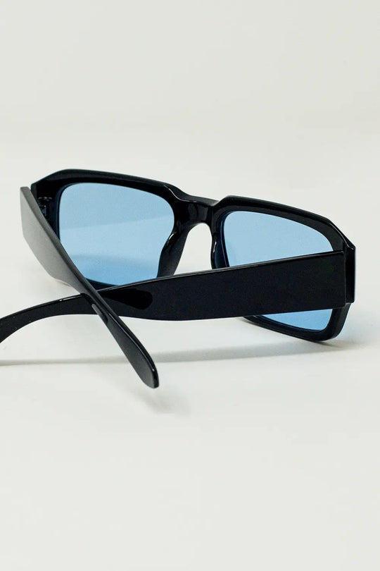 Rectangular Black Frame Sunglasses With Blue Lenses - One Size / Black