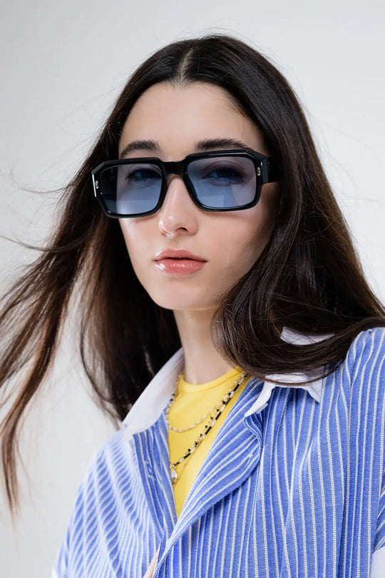 Rectangular Black Frame Sunglasses With Blue Lenses - One Size / Black