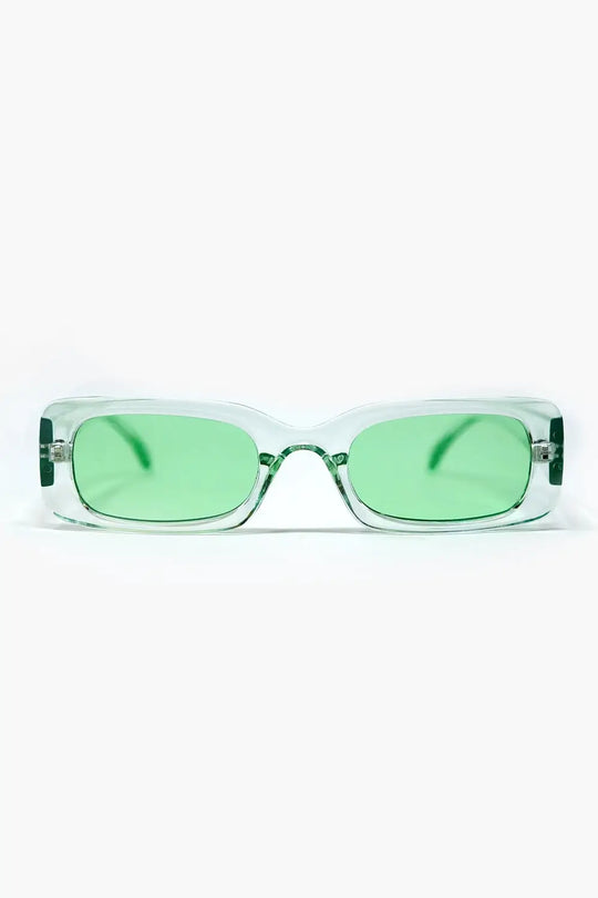 Q2 Rectangular Green Transparent Sunglasses with Green Smoke Lenses