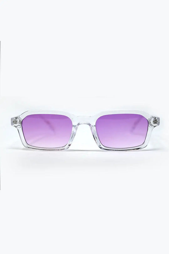 Rectangular Thick Acetate Clear Frame Sunglasses With Purple Smoke Lense - One Size / Purple