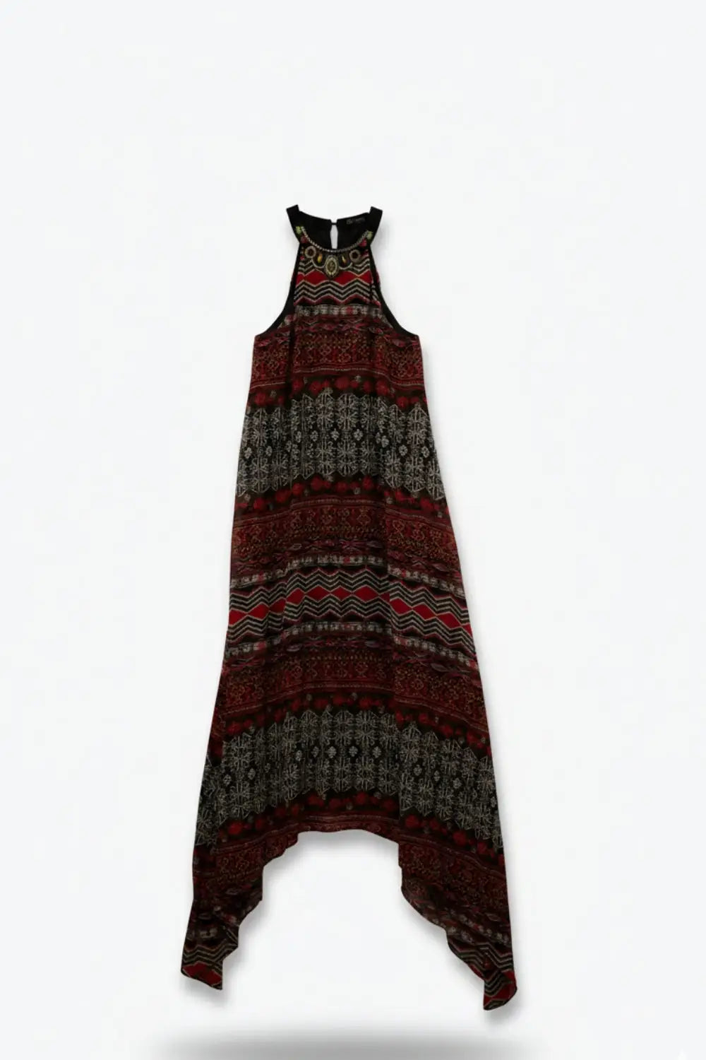 Red Boho Midi Dress with Tribal Print Small / Red
