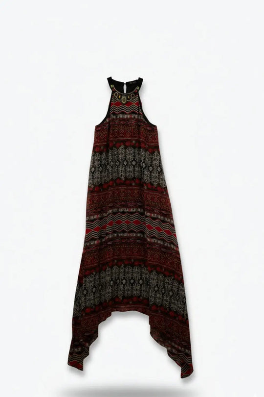 Red Boho Midi Dress with Tribal Print - Dresses