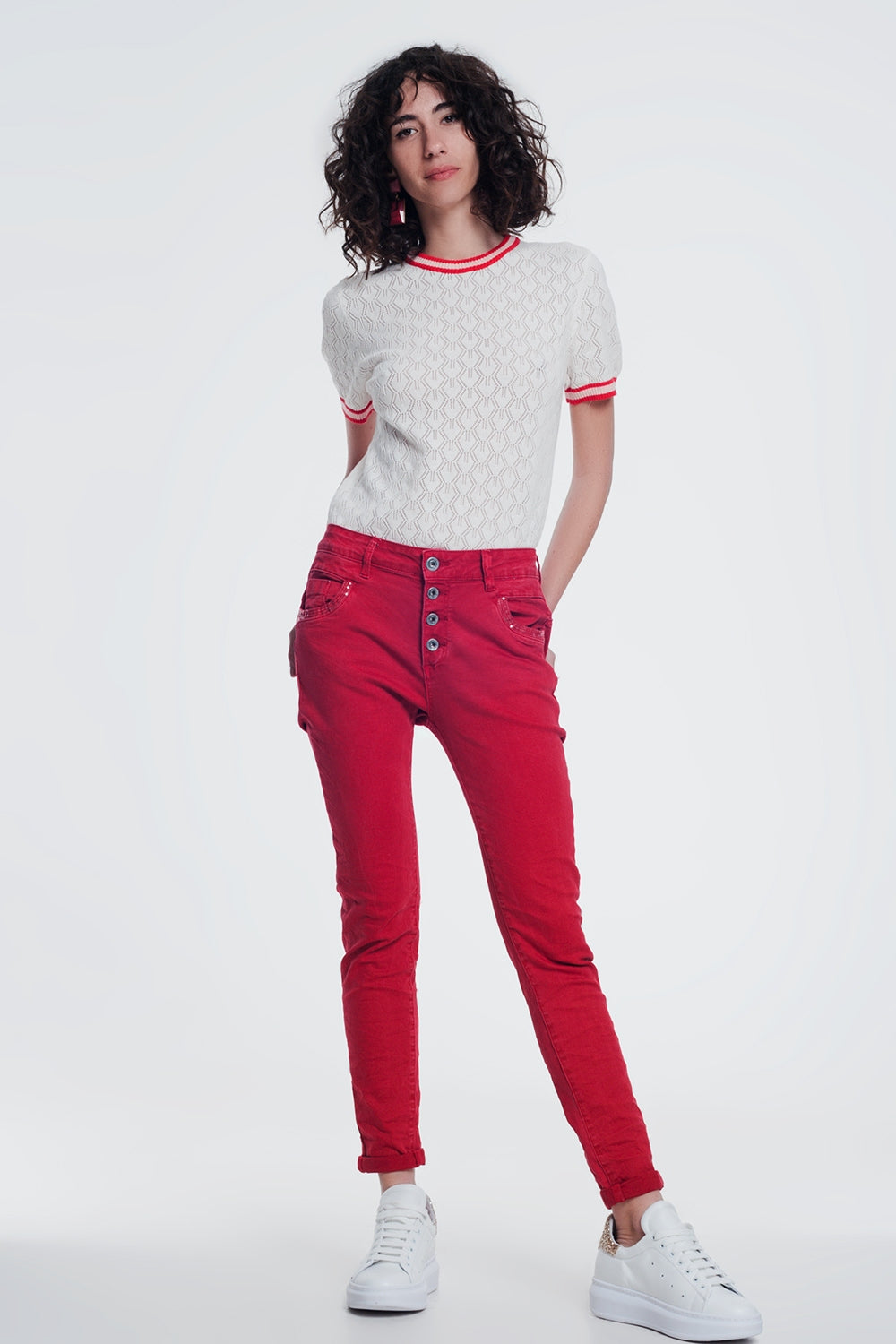 red boyfriend jeans with button closure