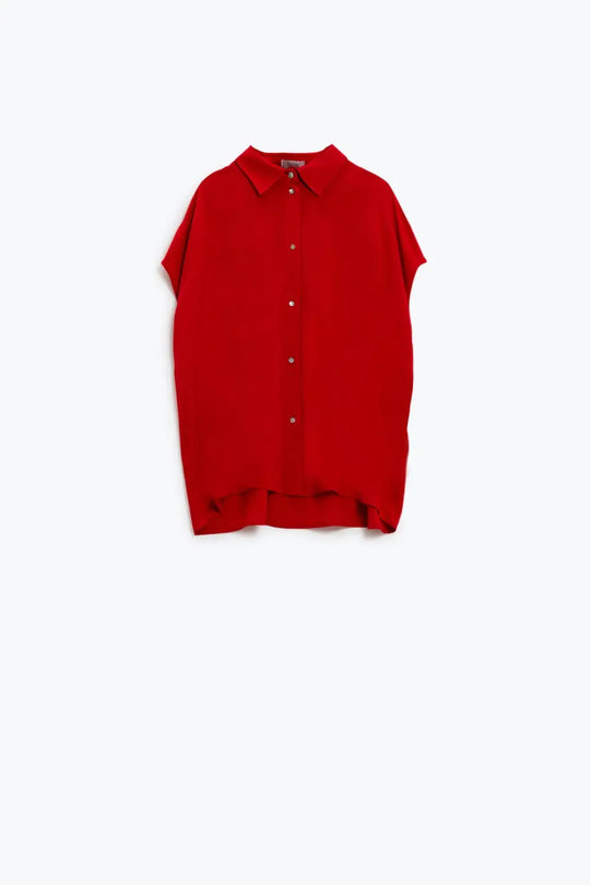 Red Button Up Blouse With Polo Collar - Shirts