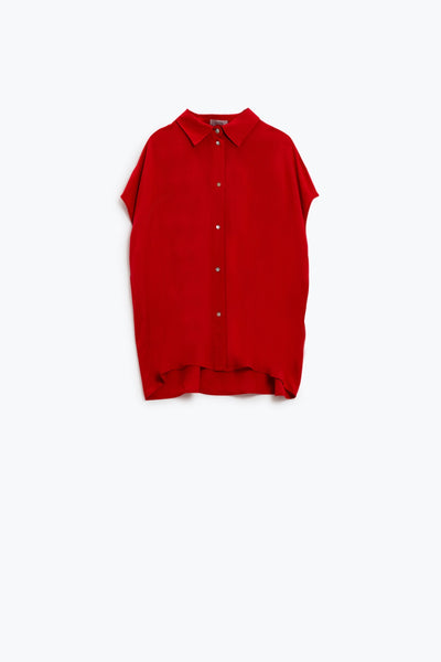 Red Button Up Blouse With Polo Collar