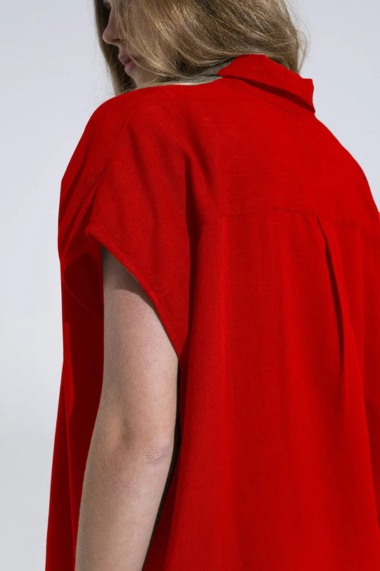 Red Button Up Blouse With Polo Collar - Shirts