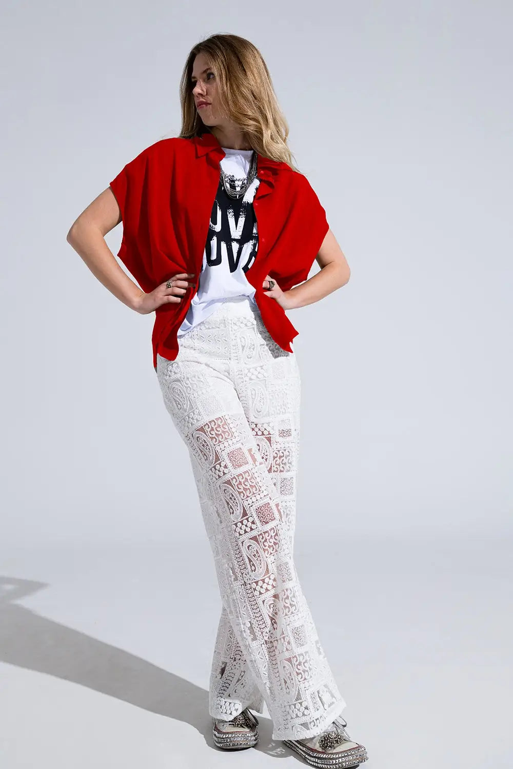 Red Button Up Blouse With Polo Collar - Shirts