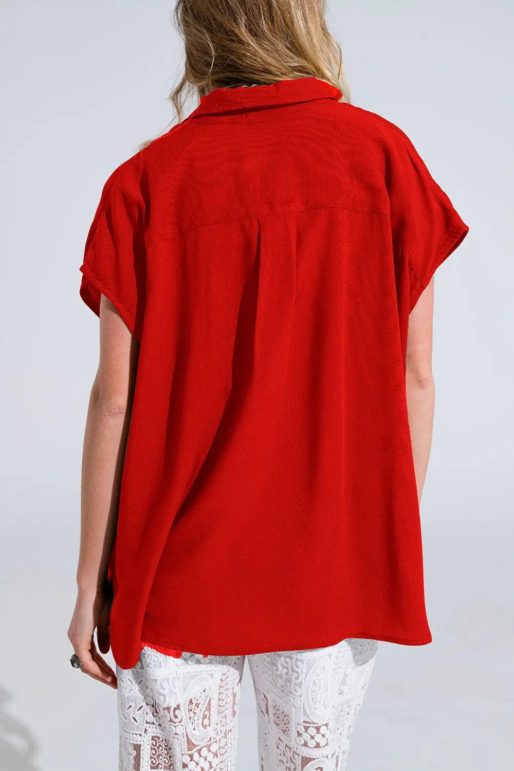 Red Button Up Blouse With Polo Collar - Shirts