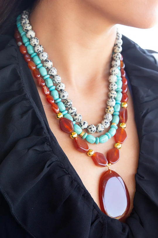Red Carnelian Colorful Golden Pendant Necklace - Necklaces