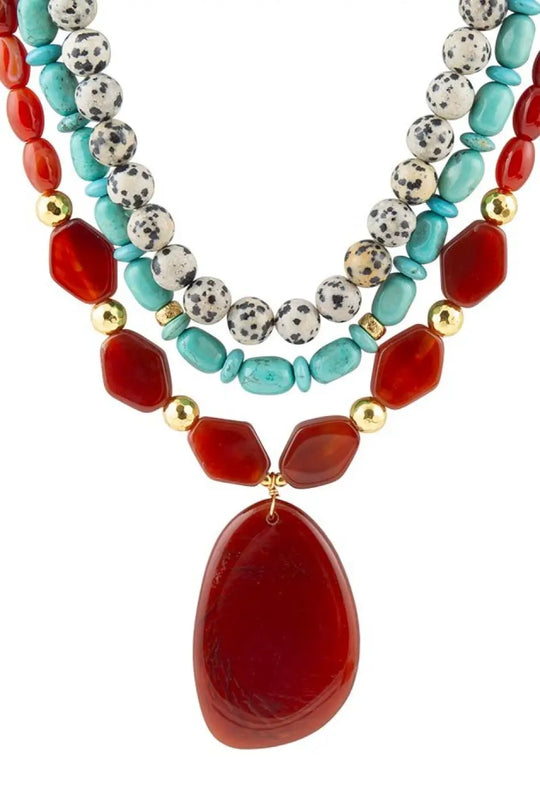 Red Carnelian Colorful Golden Pendant Necklace - Necklaces