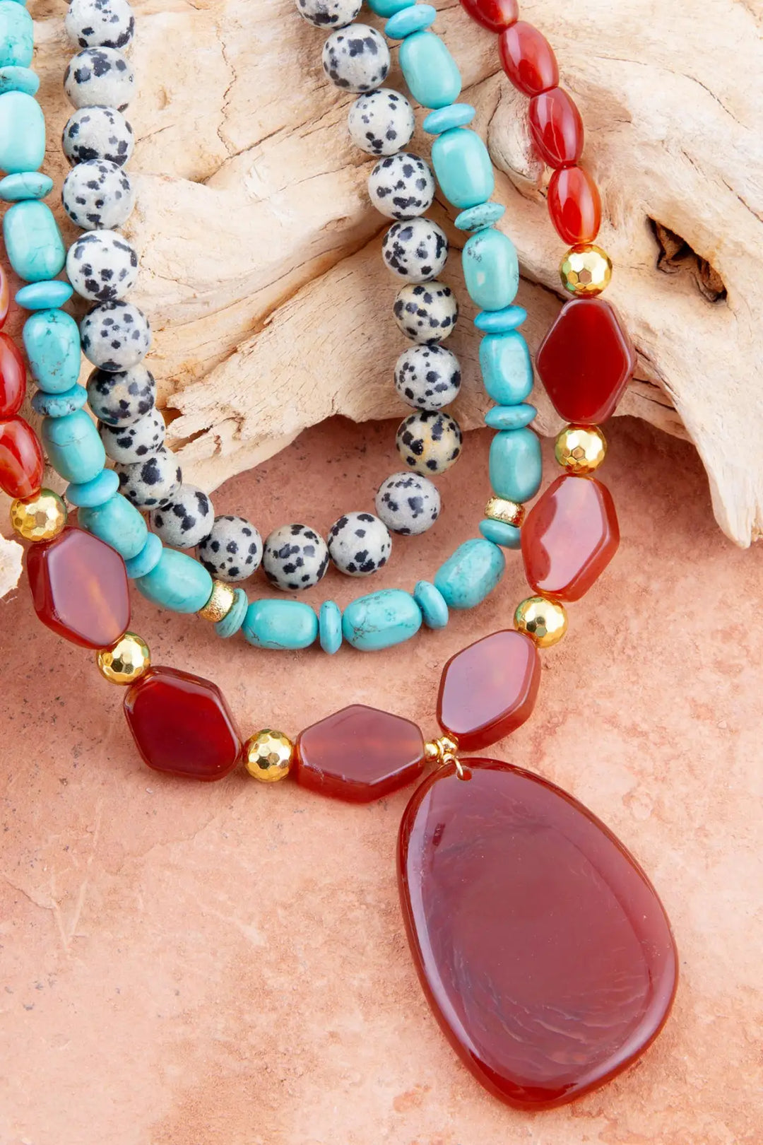 Red Carnelian Colorful Golden Pendant Necklace - Necklaces