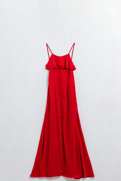 Q2 Red chiffon dress with straps and ruffles