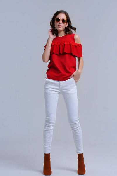 Red cold shoulder sweater with ruffle and lace - Sweaters