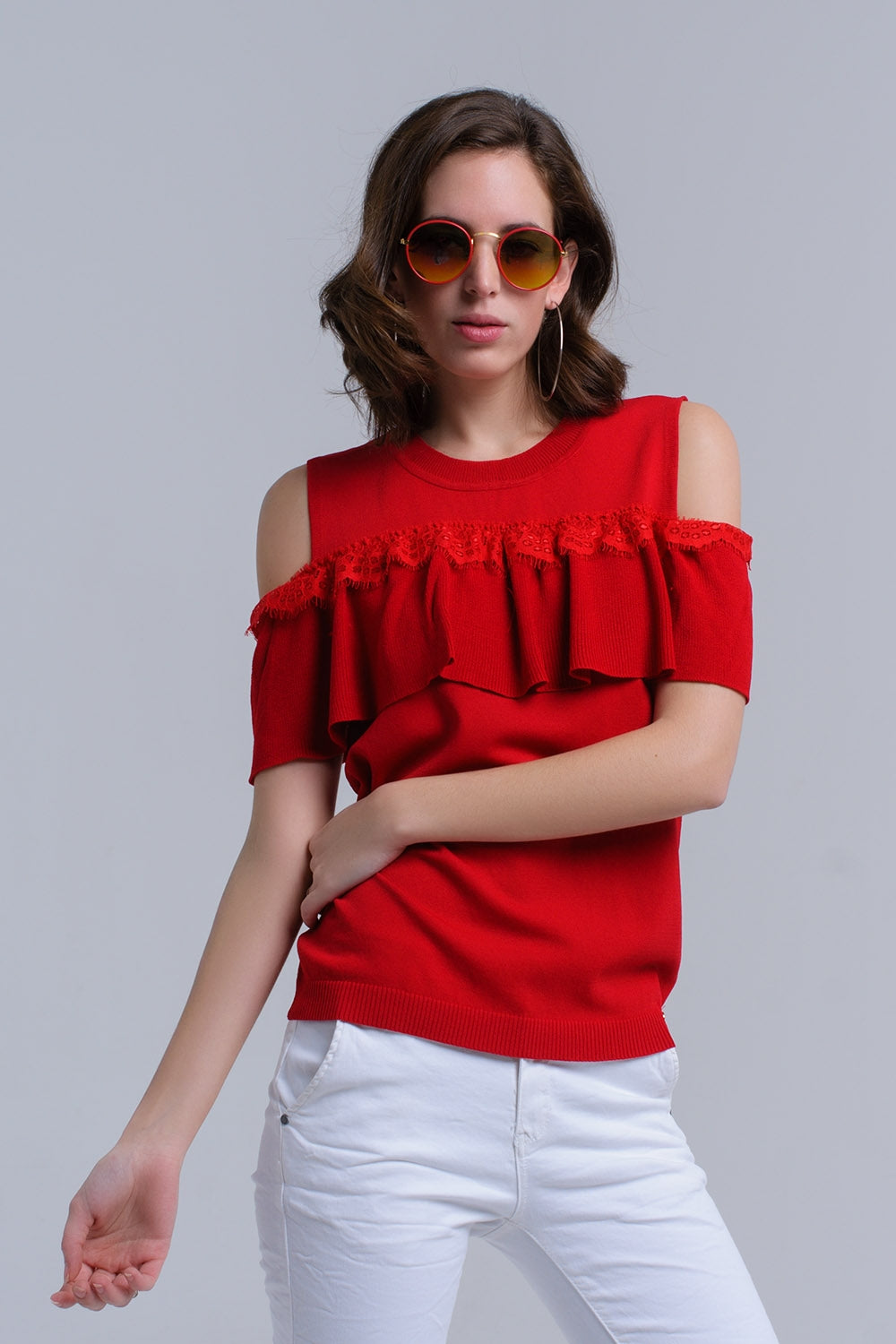 Red cold shoulder sweater with ruffle and lace