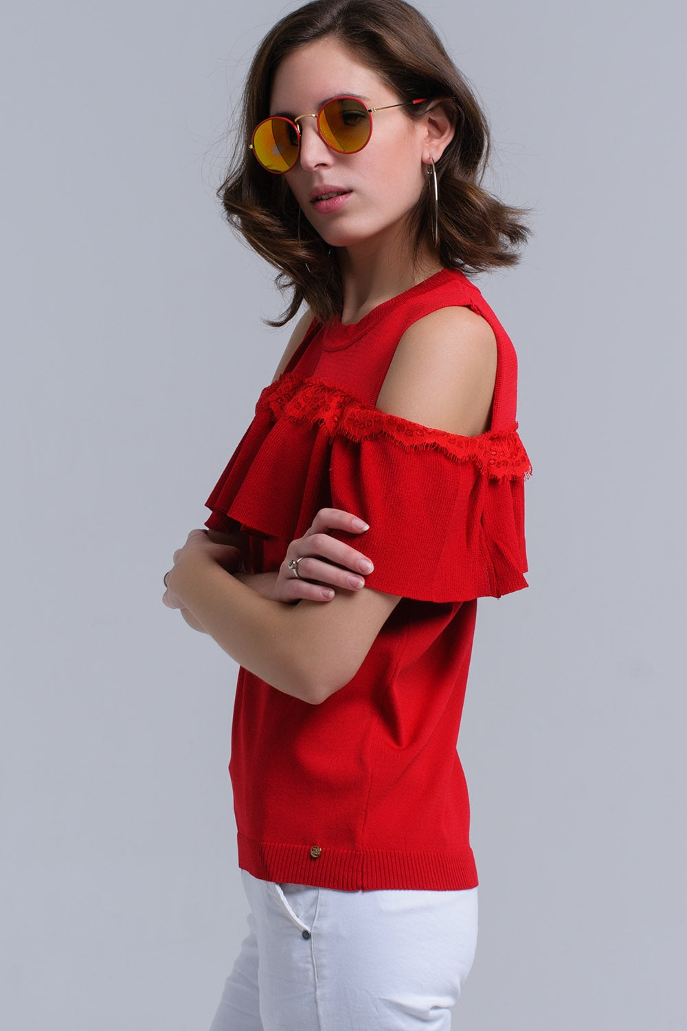 Red cold shoulder sweater with ruffle and lace