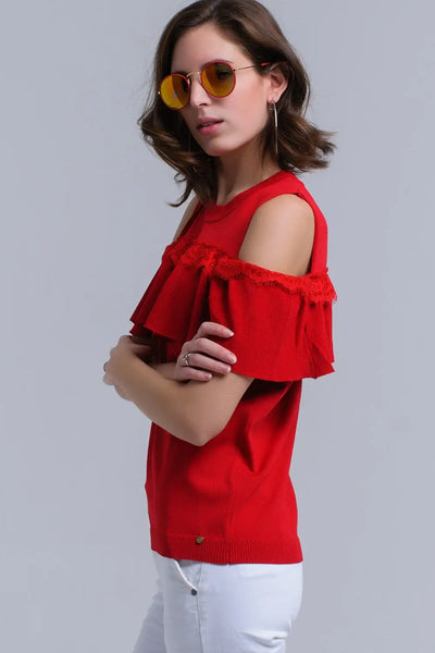 Red cold shoulder sweater with ruffle and lace - Sweaters