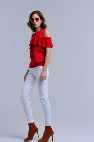 Red cold shoulder sweater with ruffle and lace - Sweaters