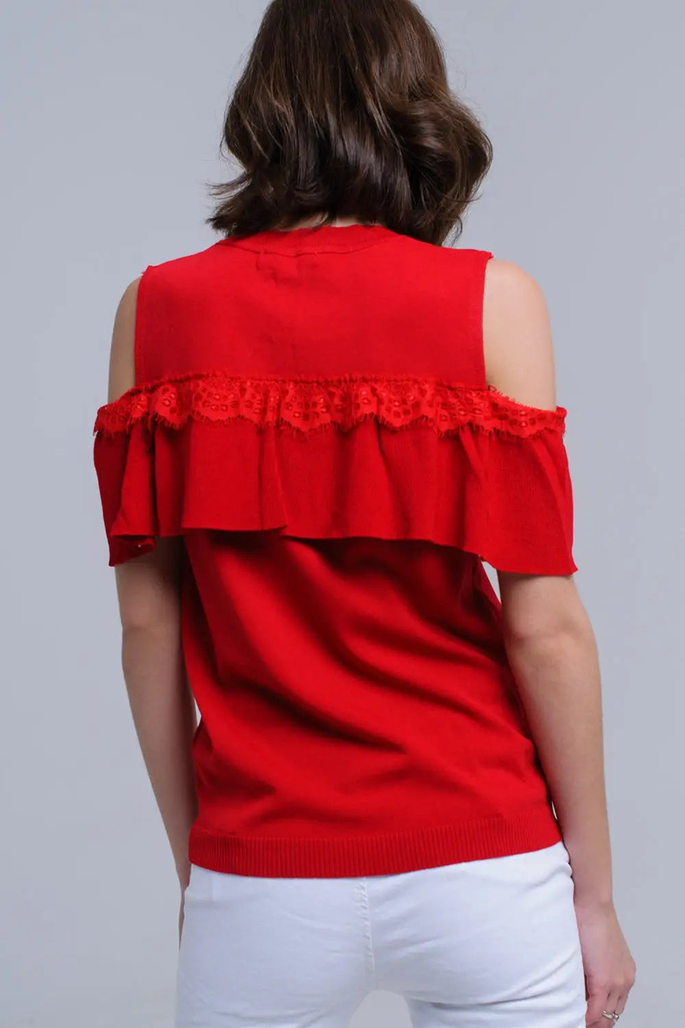 Red cold shoulder sweater with ruffle and lace - Sweaters