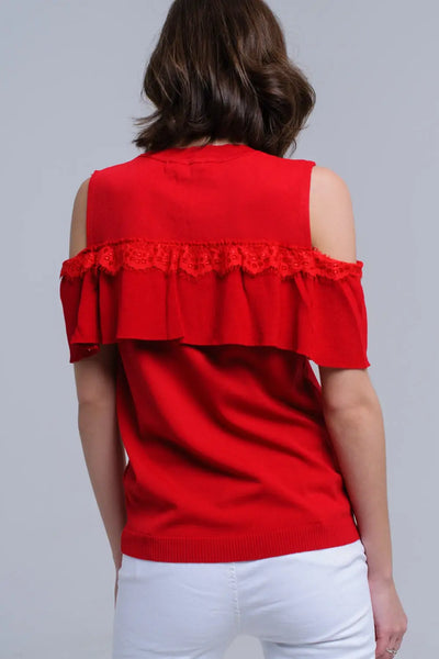 Red cold shoulder sweater with ruffle and lace - Sweaters