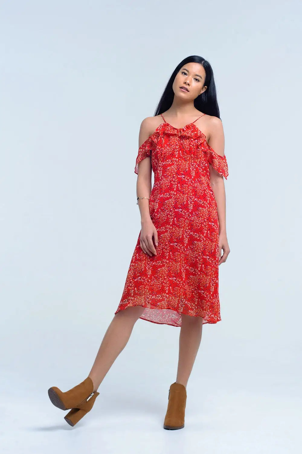 Q2 Red dress with printed flowers and ruffles