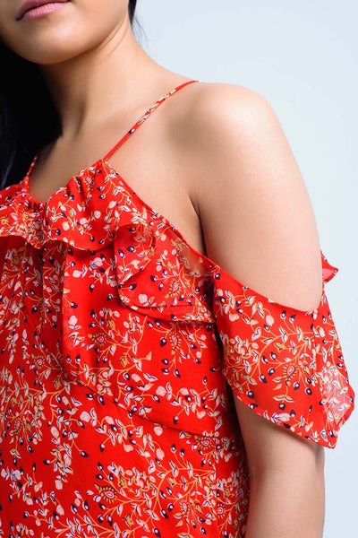 Red dress with printed flowers and ruffles