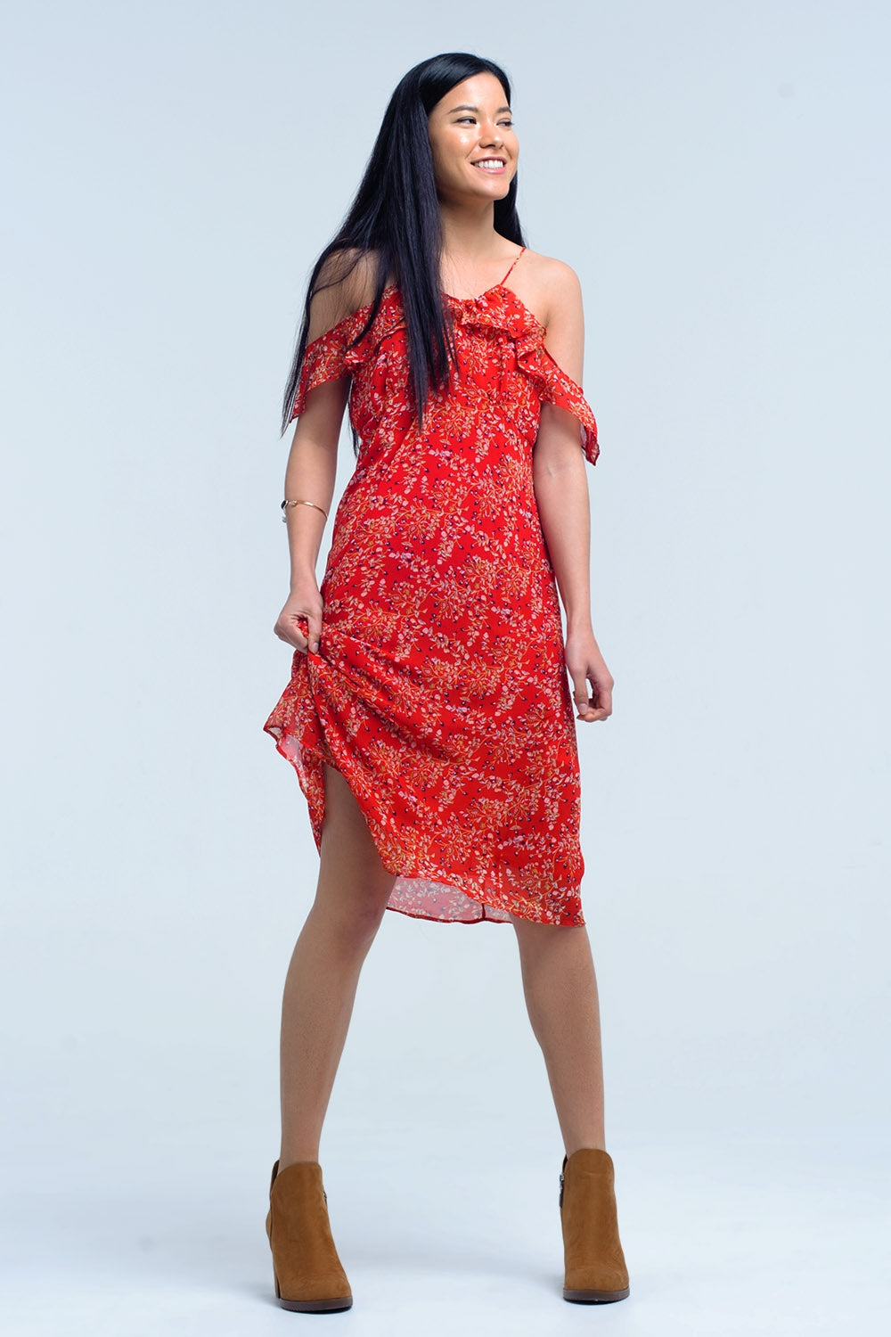 Red dress with printed flowers and ruffles