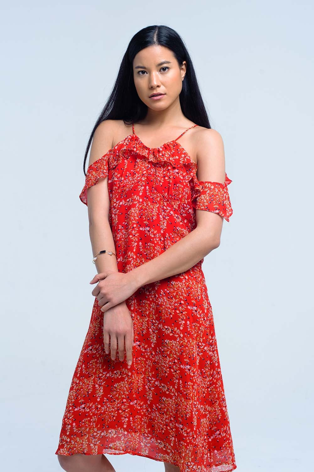 Red dress with printed flowers and ruffles