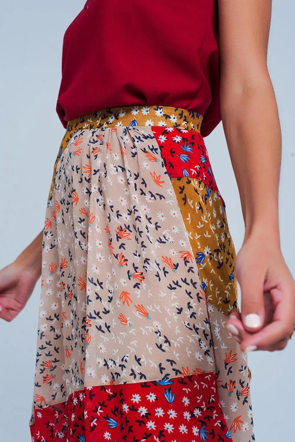 Red floral meadow bias cut midi skirt - Skirts