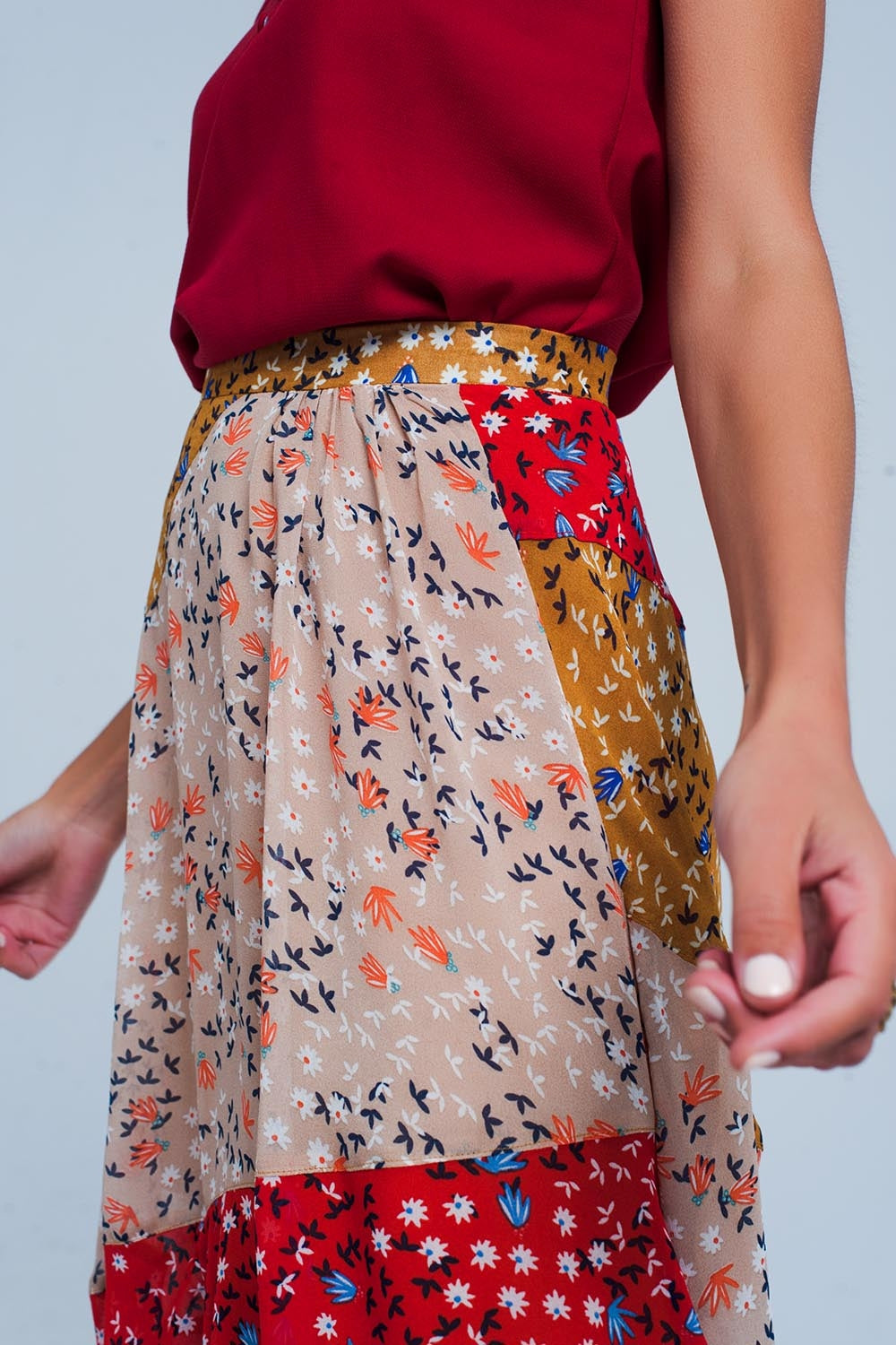 Red floral meadow bias cut midi skirt