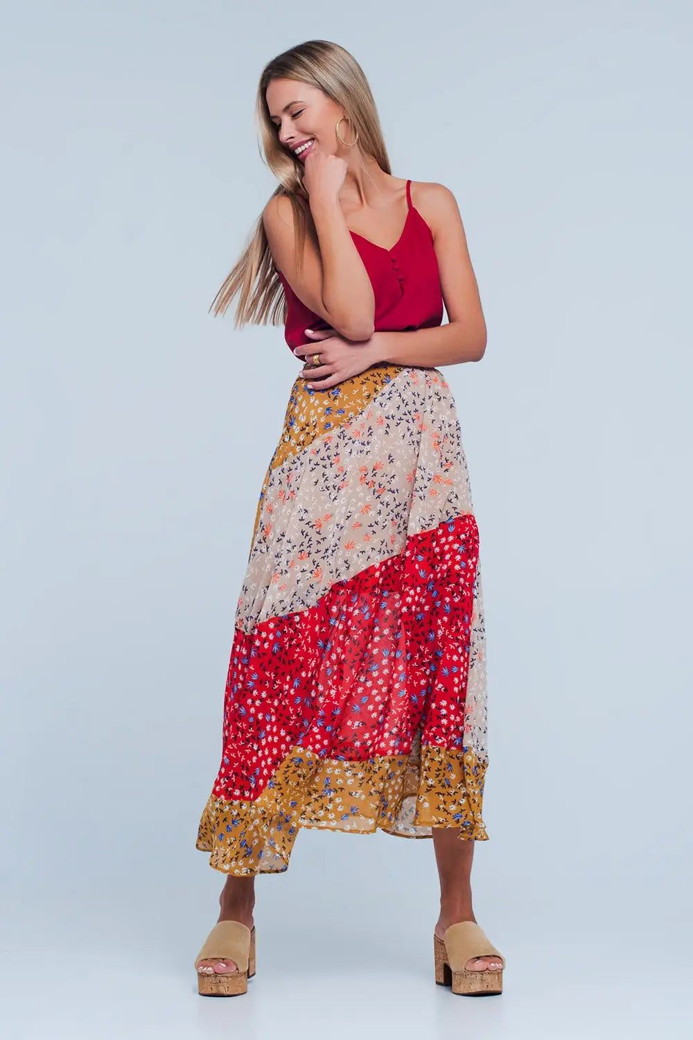 Red floral meadow bias cut midi skirt - Skirts
