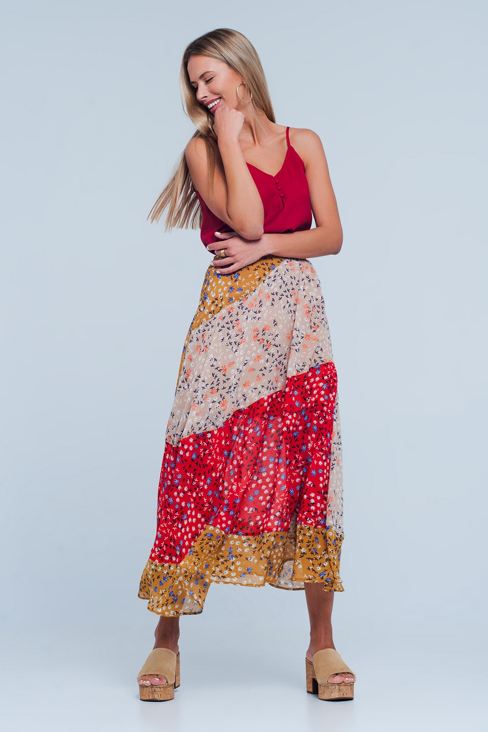 Red floral meadow bias cut midi skirt