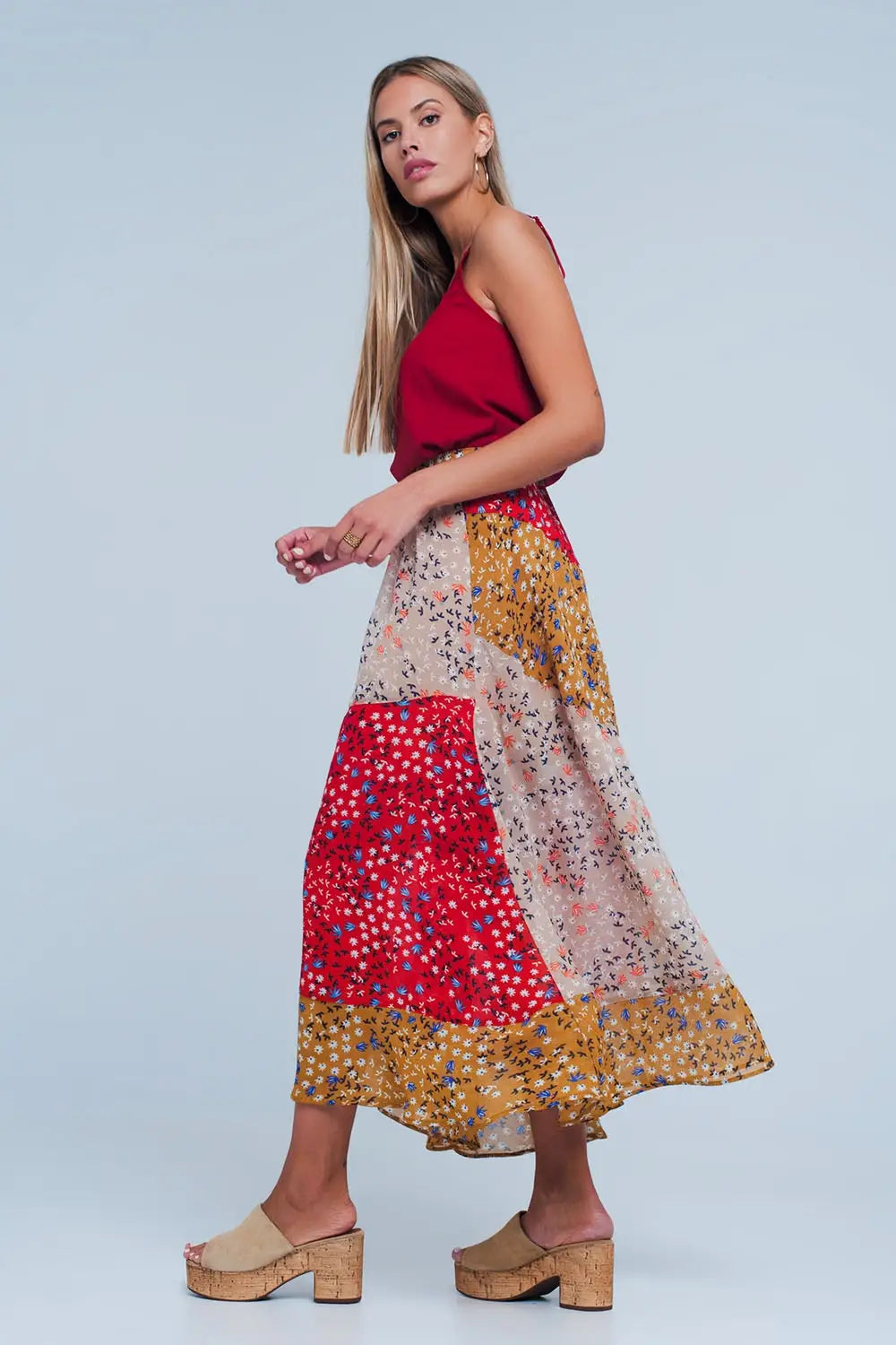 Red floral meadow bias cut midi skirt - Skirts