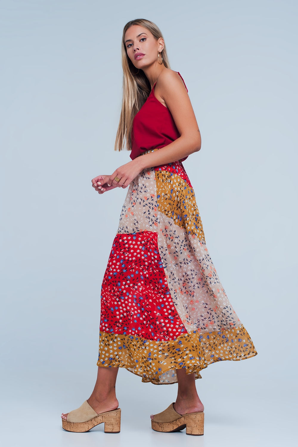 Red floral meadow bias cut midi skirt