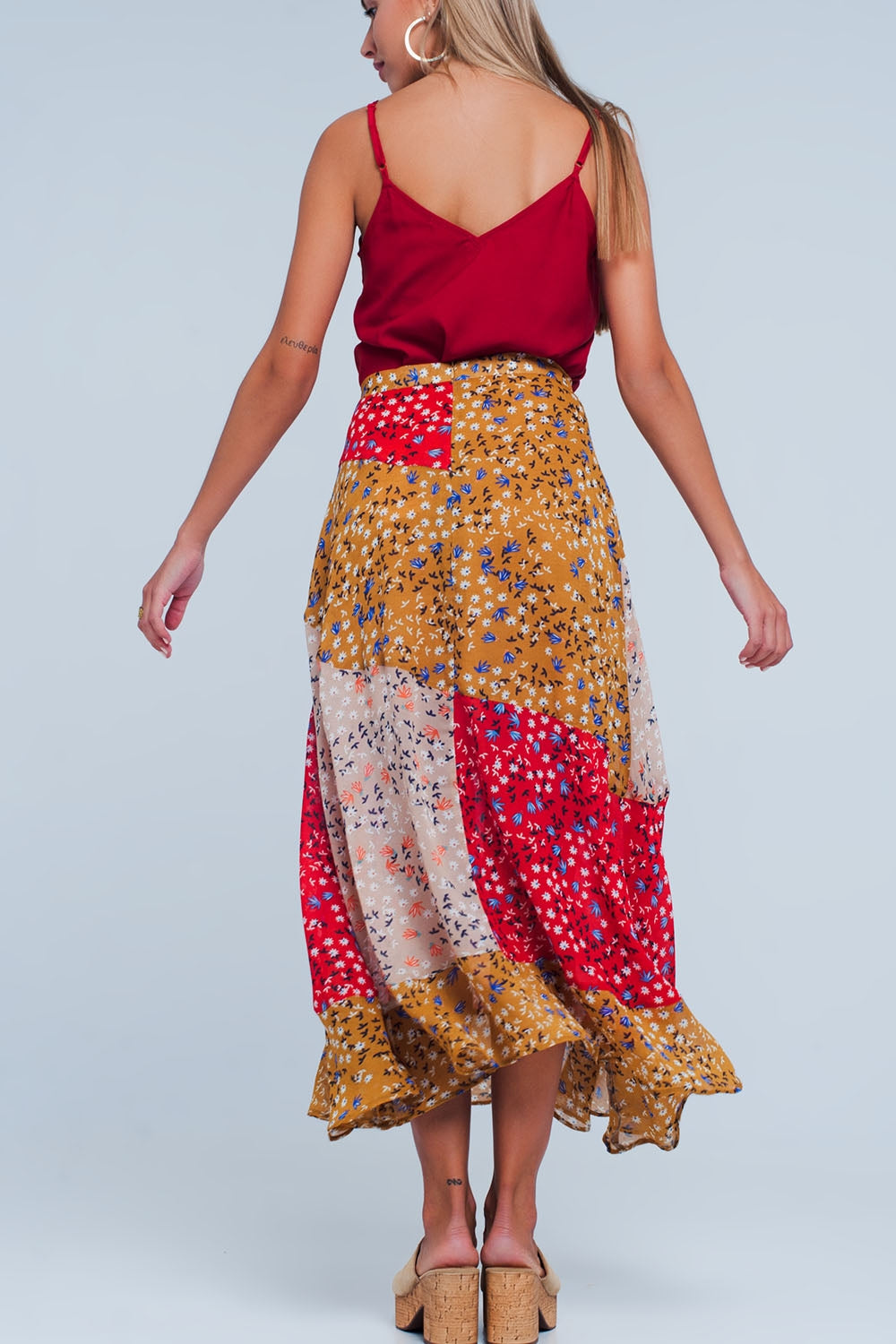 Red floral meadow bias cut midi skirt