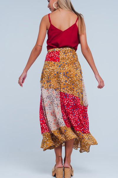 Red floral meadow bias cut midi skirt