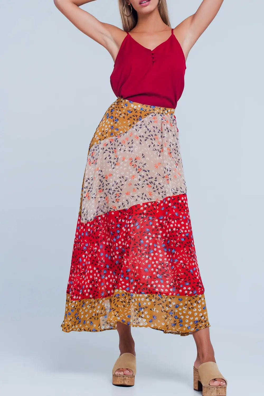 Red floral meadow bias cut midi skirt - Skirts
