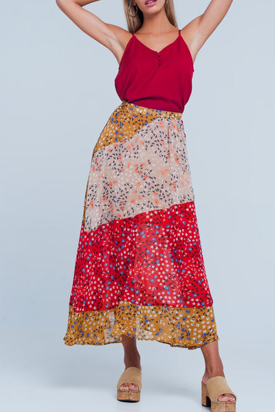 Red floral meadow bias cut midi skirt