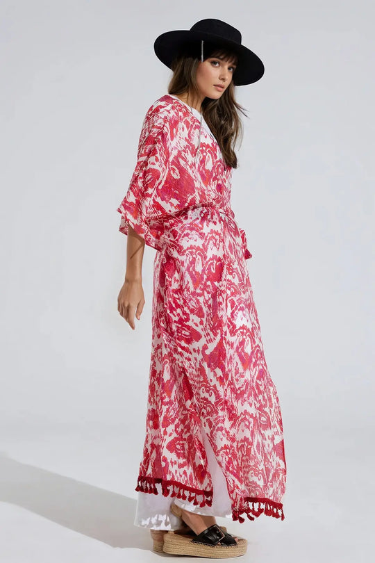 Red Long Kimono With Drawstring Closing in Tribal Print - One Size / Red - Dresses