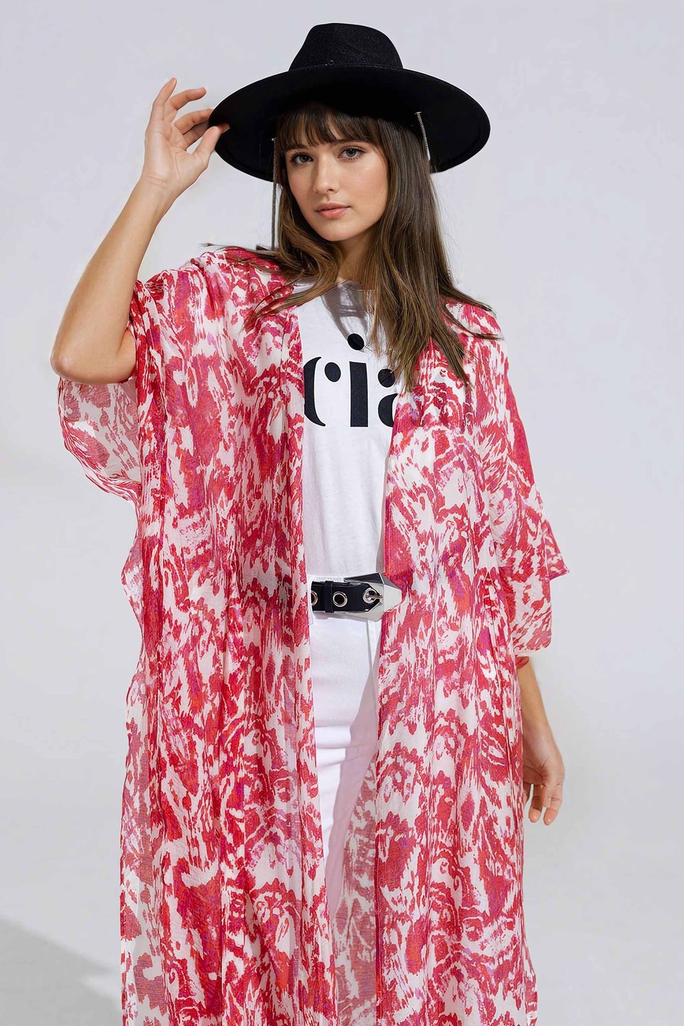 Red Long Kimono With Drawstring Closing in Tribal Print