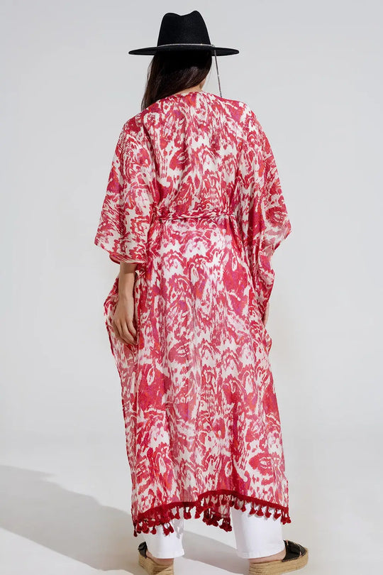 Red Long Kimono With Drawstring Closing in Tribal Print - One Size / Red - Dresses