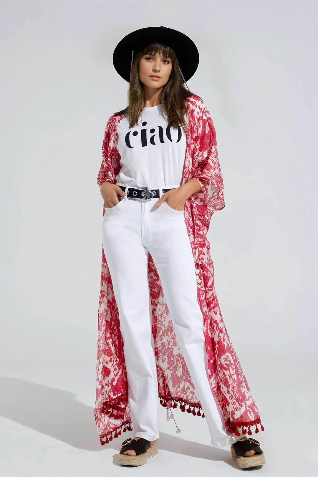 Red Long Kimono With Drawstring Closing in Tribal Print - One Size / Red - Dresses