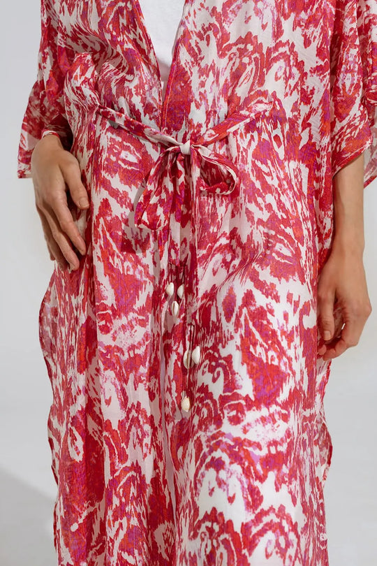 Red Long Kimono With Drawstring Closing in Tribal Print - One Size / Red - Dresses