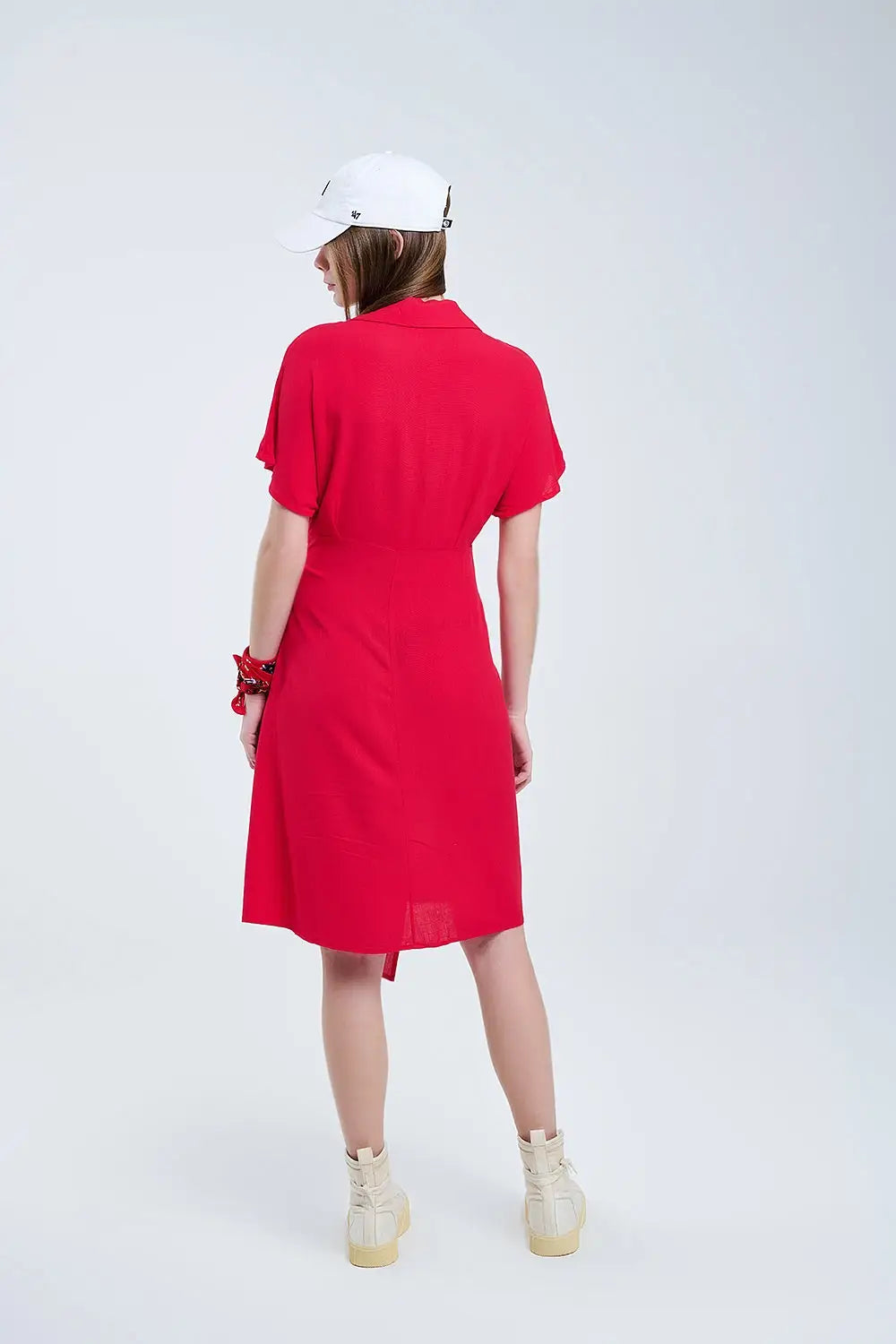 Red Midi Dress With Bow At The Side - Dresses