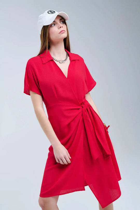 Red Midi Dress With Bow At The Side - Dresses