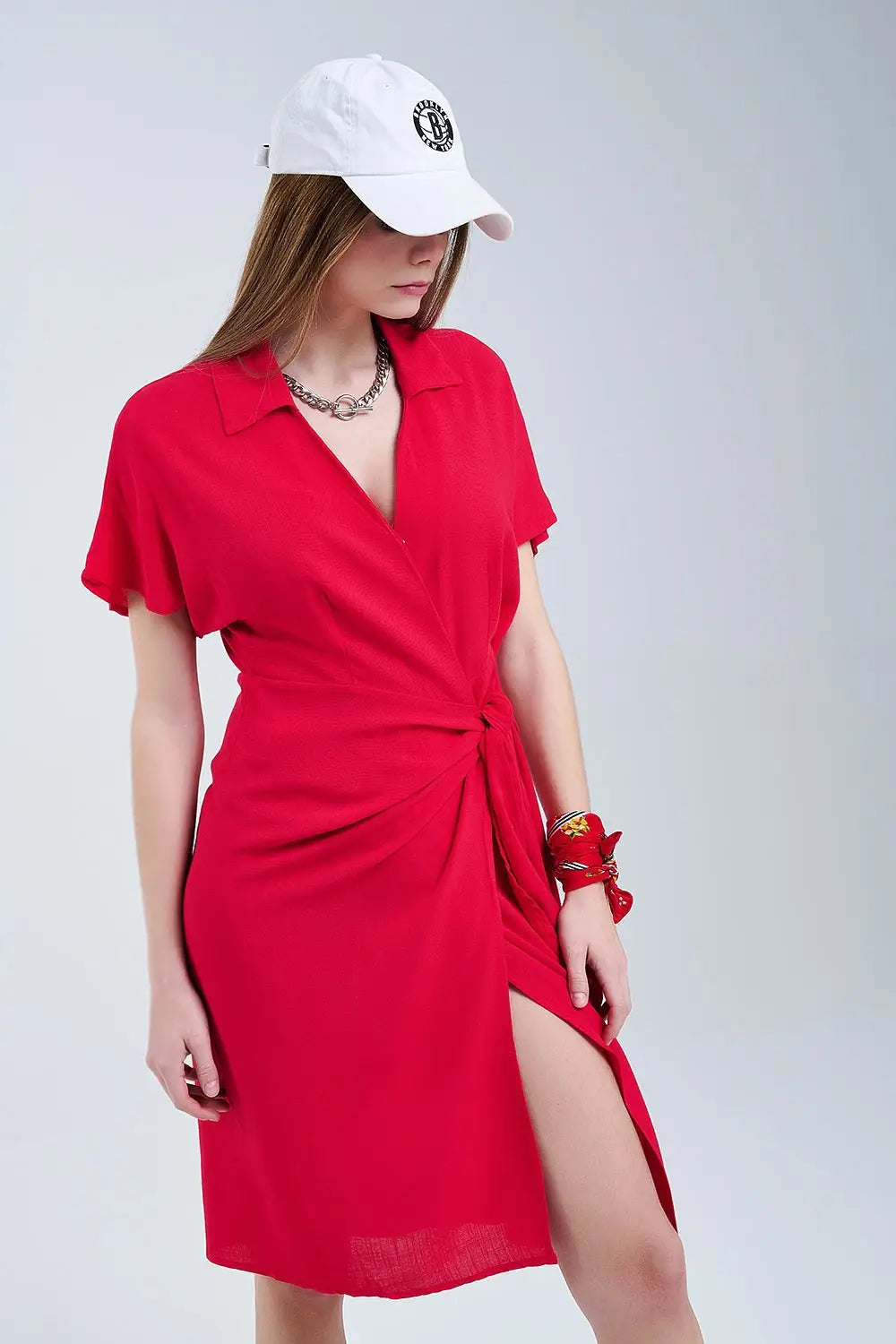 Red Midi Dress With Bow At The Side - Dresses