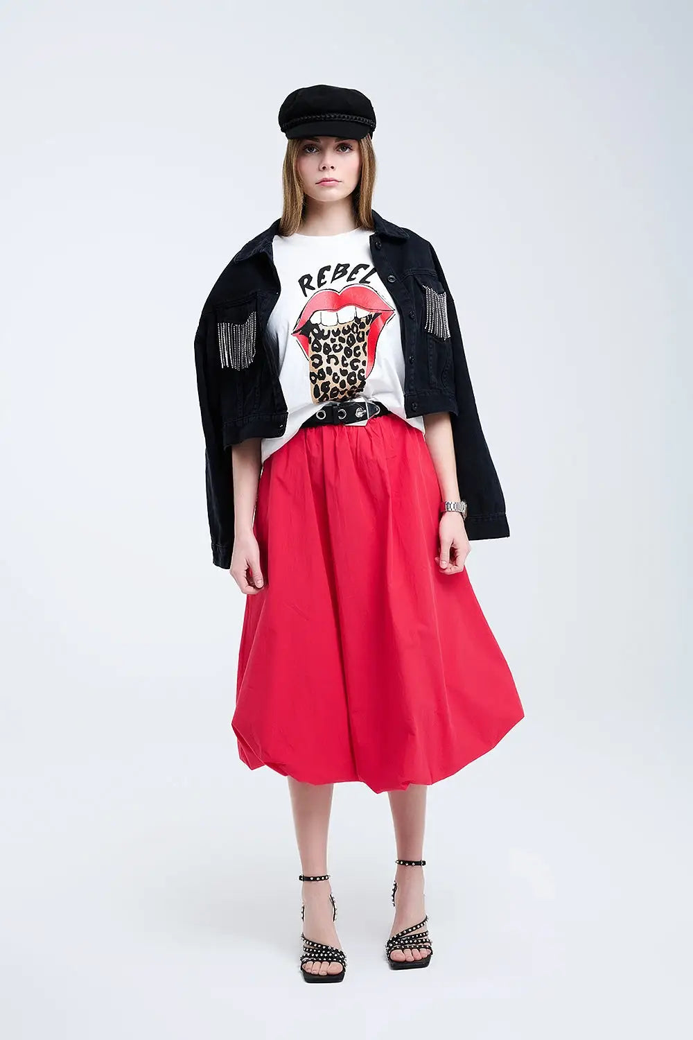 Red Mini Bubble Skirt in poplin fabric - Skirts