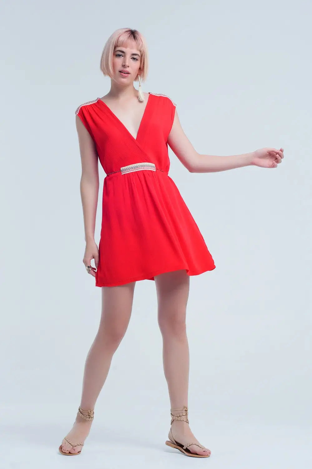 Q2 Red mini dress with embroidery