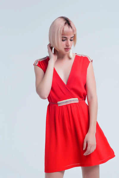 Red mini dress with embroidery - Dresses