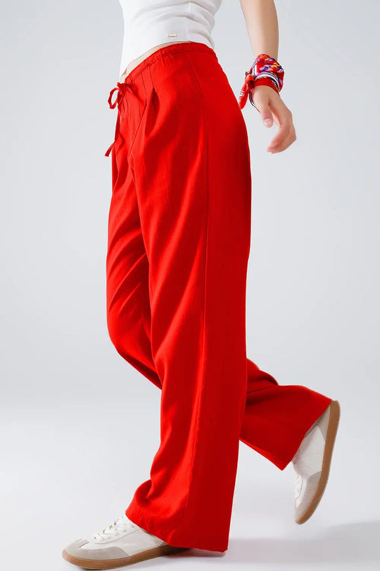 Red Relaxed Pants With Drawstring Closing And Side Pockets - Pants