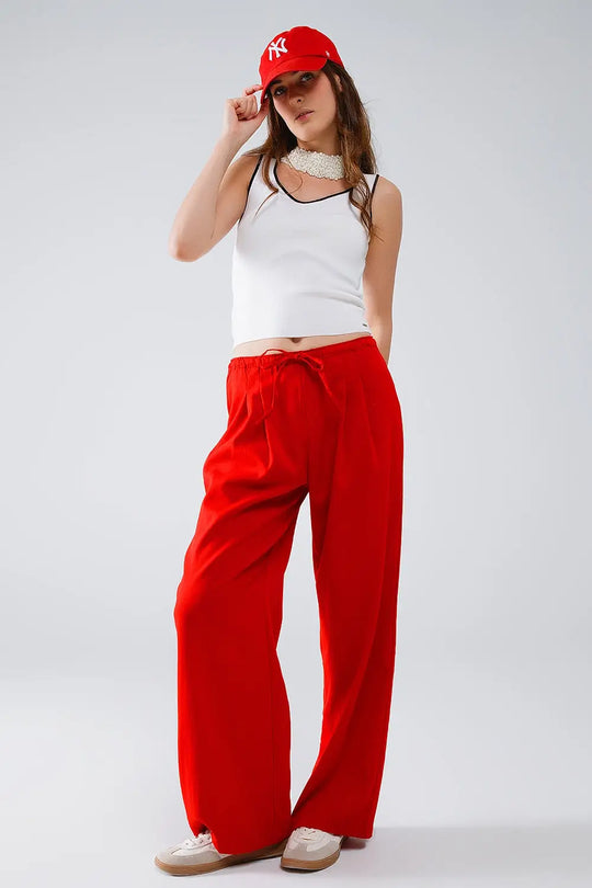 Red Relaxed Pants With Drawstring Closing And Side Pockets - Pants